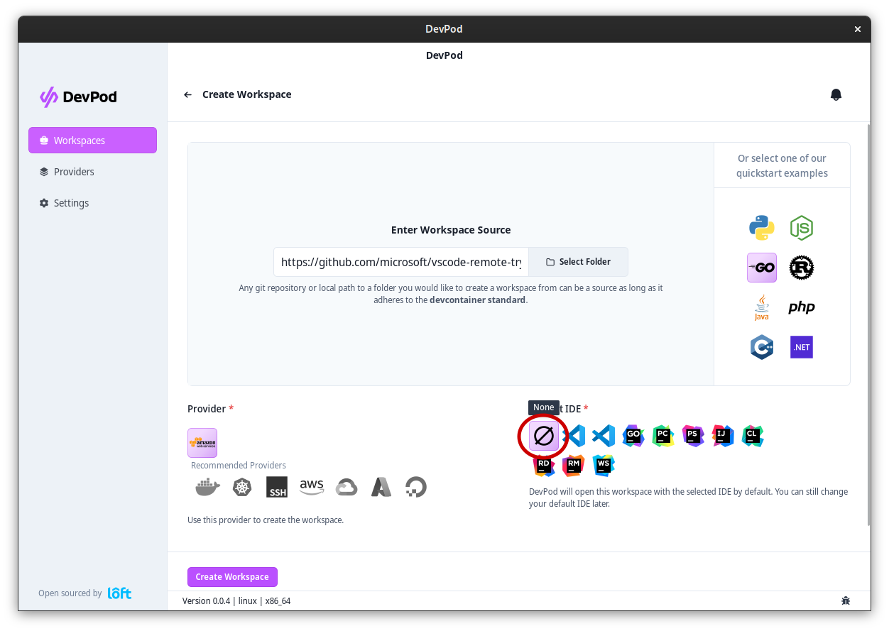 Devsy wizard – select None for IDE