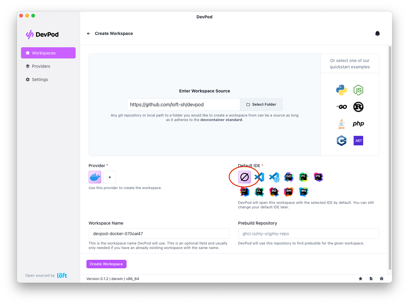 Devsy wizard – select None for IDE