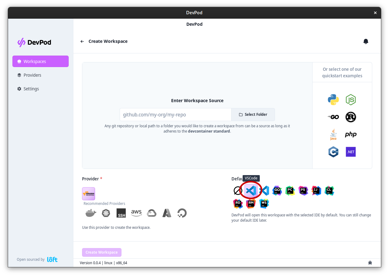 Devsy wizard – select VS Code